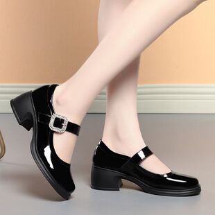 一字扣单鞋女配旗袍春夏季新款玛丽珍女鞋浅口百搭粗跟走秀小皮鞋