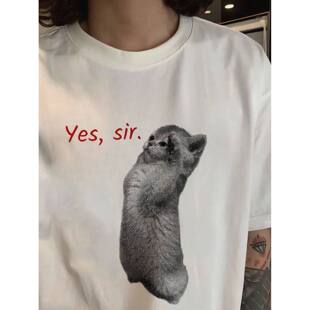 宽松T恤可爱男女情侣 猫咪吃喝拉撒宠物趣味纯棉透气短袖 Yes sir