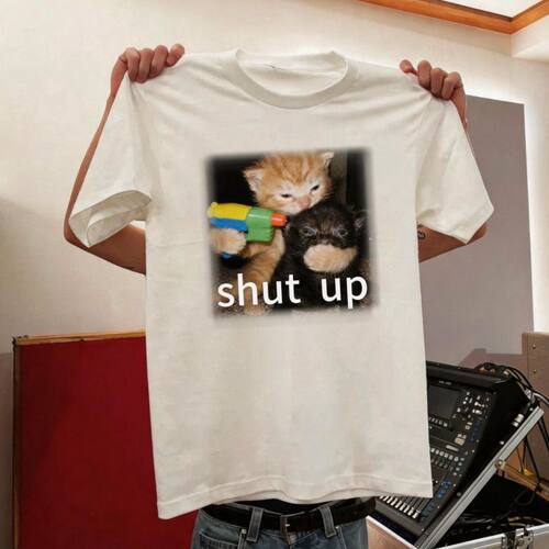 shut up猫meme表情包搞笑夏季纯棉短袖t恤男女穿搭网络梗猫咪