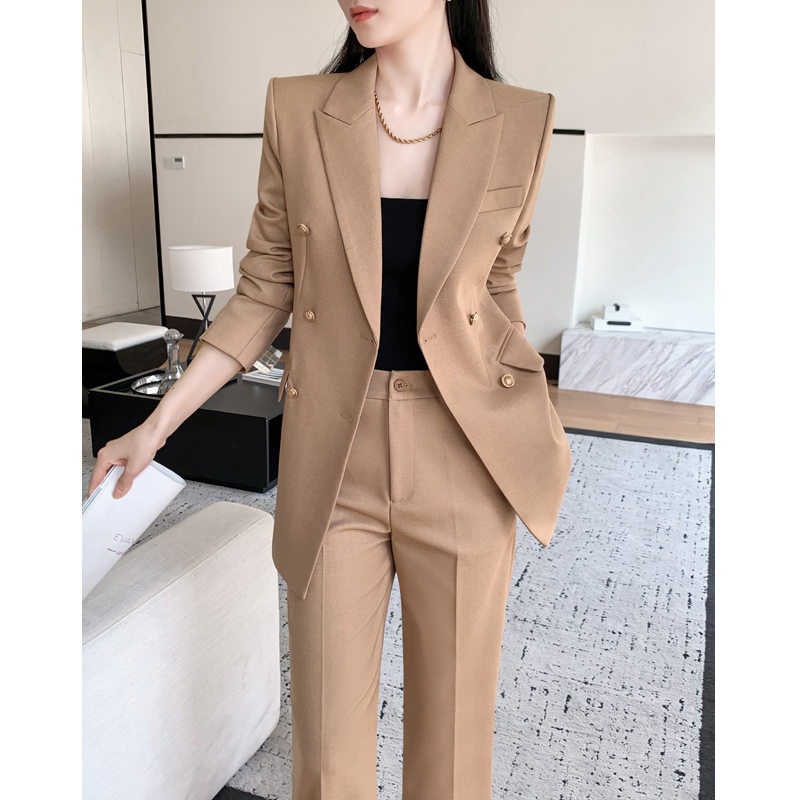驼色休闲西装套装女高级感2025新款春秋职业装正装气质阔腿裤西服