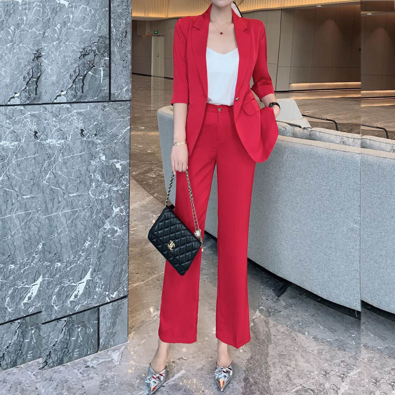 休闲西装套装女夏薄款英伦风修身职业韩版气质炸街西服外套阔腿裤
