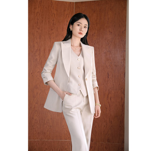 高级感职业正装 女三件套阔腿裤 通勤休闲西服外套 套装 米色马甲西装