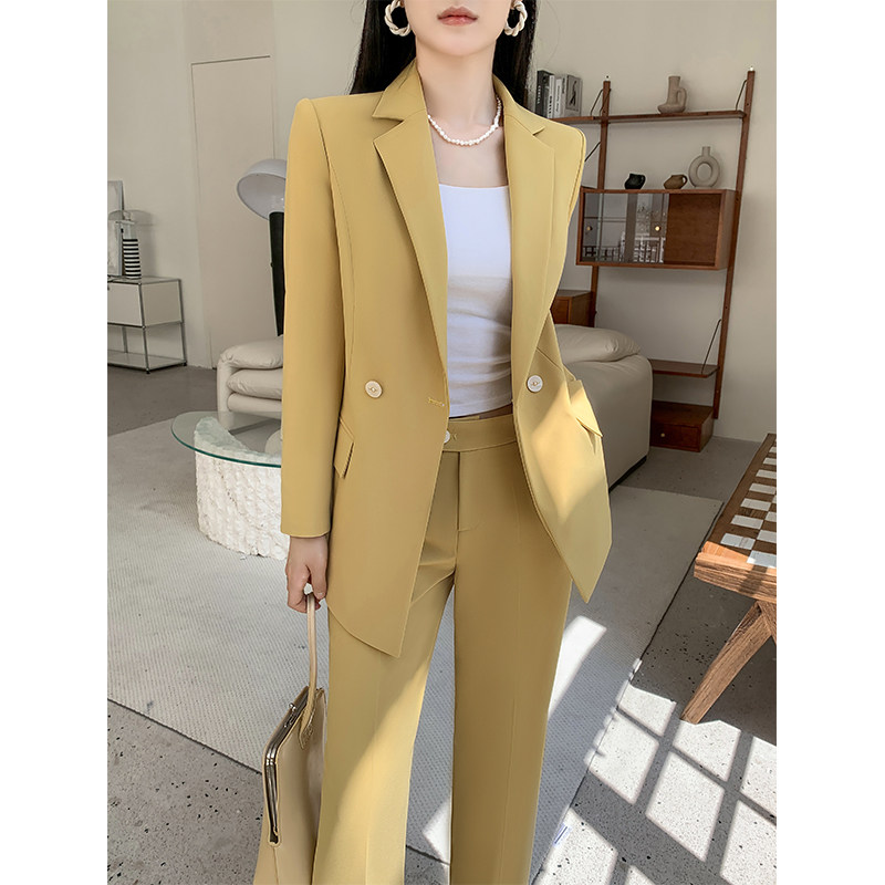 黄色休闲西装套装女2026新款春秋高级感职业气质女神范阔腿裤西服