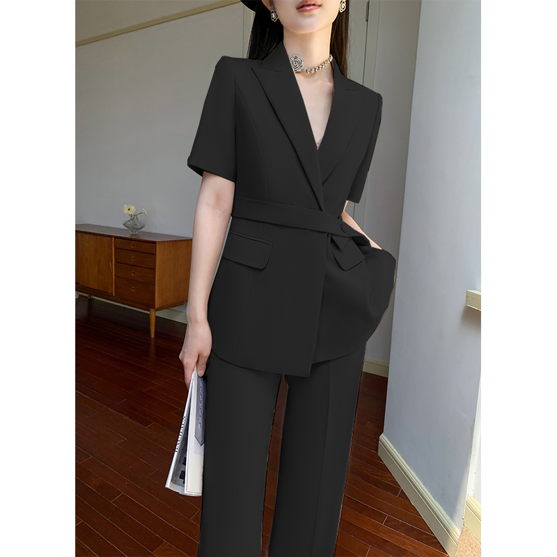 黑色夏天西装套装女薄款高级感阔腿裤职业通勤休闲西服外套工作服