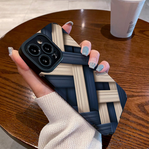 适用苹果15promax手机壳iphone15新款16pro硅胶皮质13防摔12视觉蓝白编织条纹11高级X Xsmax 14plus XR保护套