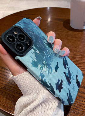 适用小米红米note12手机壳note11/10/9/8防摔新款12pro+硅胶11t皮质软小众创意高级感保护套蓝色绘画海洋鱼群