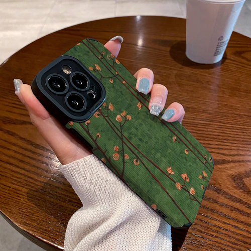 适用OPPO reno15 14 13 12 11 10 9 8 7 6 PRO+手机壳皮质软全包reno5 4 reno8女保护套小众油画抽象绿底花朵