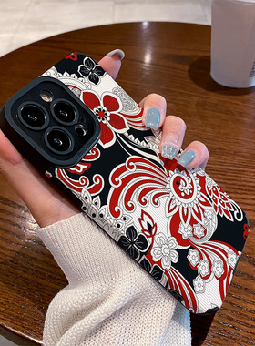 适用小米红米k80pro手机壳k70/k60/k50/k40新款k40s硅胶皮质软k70e古典黑底红色花纹k90s至尊版k50游戏保护套