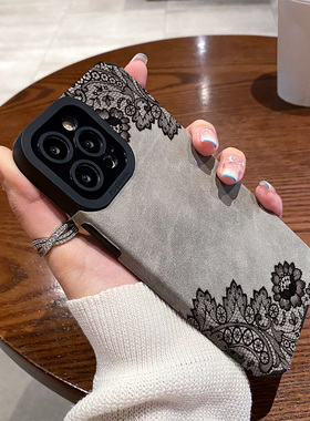 适用小米红米note14手机壳note 12/11/10防摔14pro+硅胶11t皮质软女新款秋冬翻毛皮黑色蕾丝花纹高级感保护套