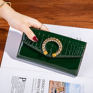 高档鳄鱼纹长款 手拿钱包女黄色招财钱夹镶钻头层牛皮大钞夹放手机