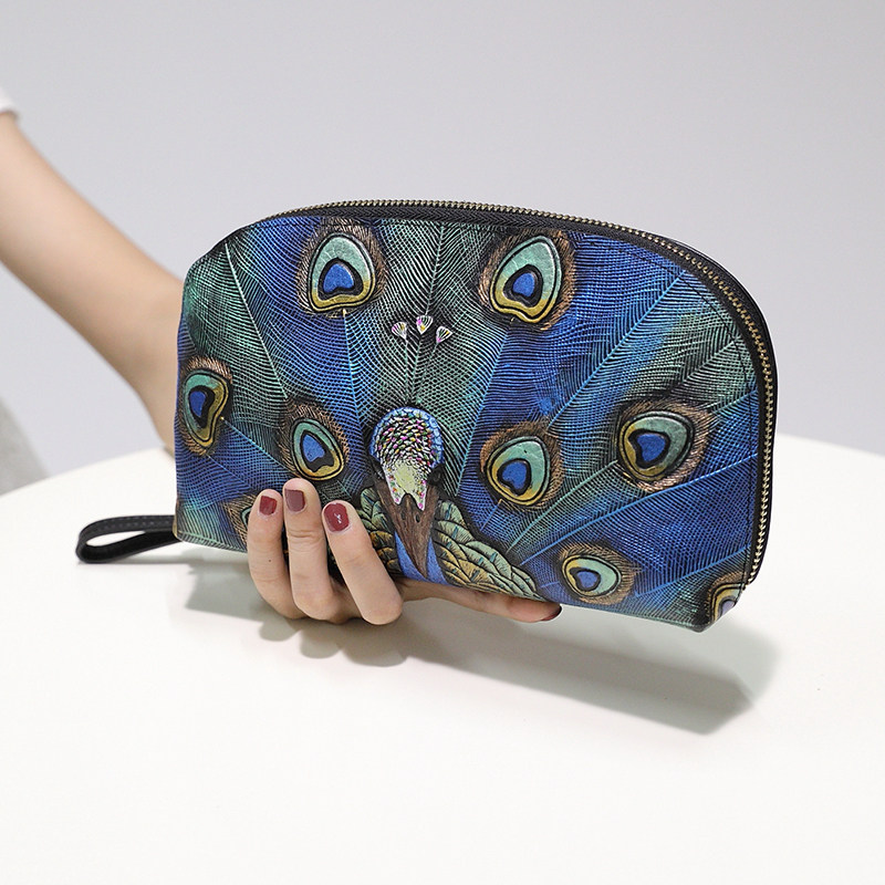 中国风真皮手拿包女士印花大容量贝壳包单肩斜挎小包气质妈妈手包