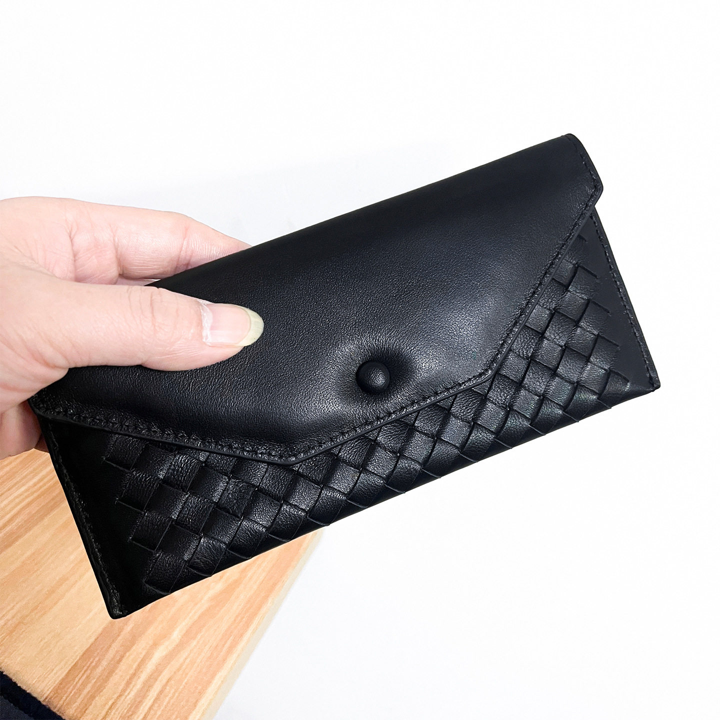 真皮编织男女士钱包长款超薄钱夹多卡位搭扣手包羊皮信封包西装夹