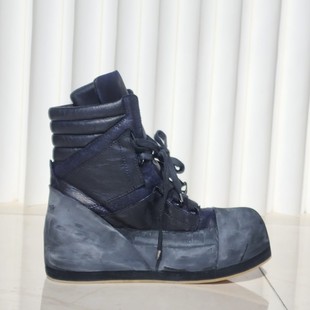 Shaka原创先锋暗黑废土水洗做旧真皮厚底内增大头一脚蹬男靴子