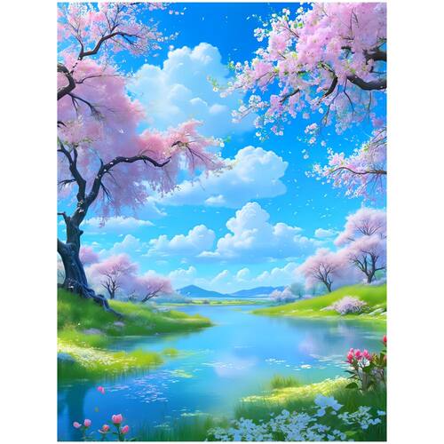 唯美桃花流水风景自粘贴画客厅卧室玄关装饰自粘贴纸防水墙贴