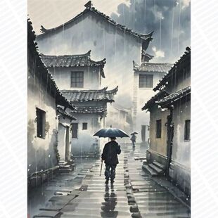 中式小镇风景自粘画街头雨景贴画客厅卧室背景墙艺术墙贴装饰画