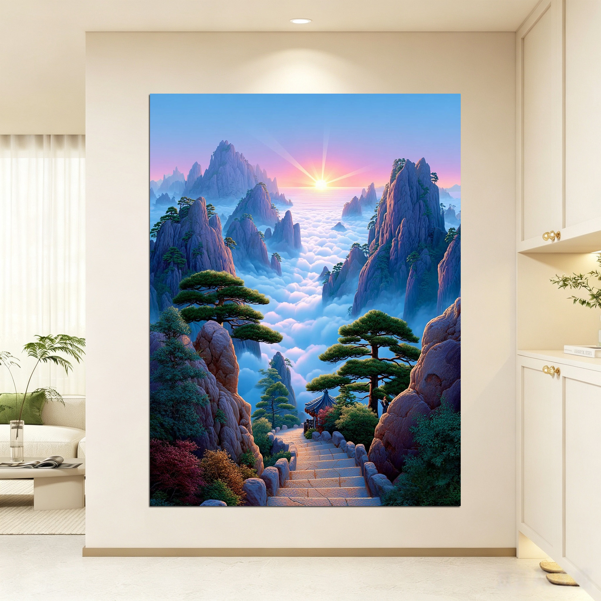 现代山水风景自粘装饰画客厅玄关贴画日出云海松树防水生财墙贴画