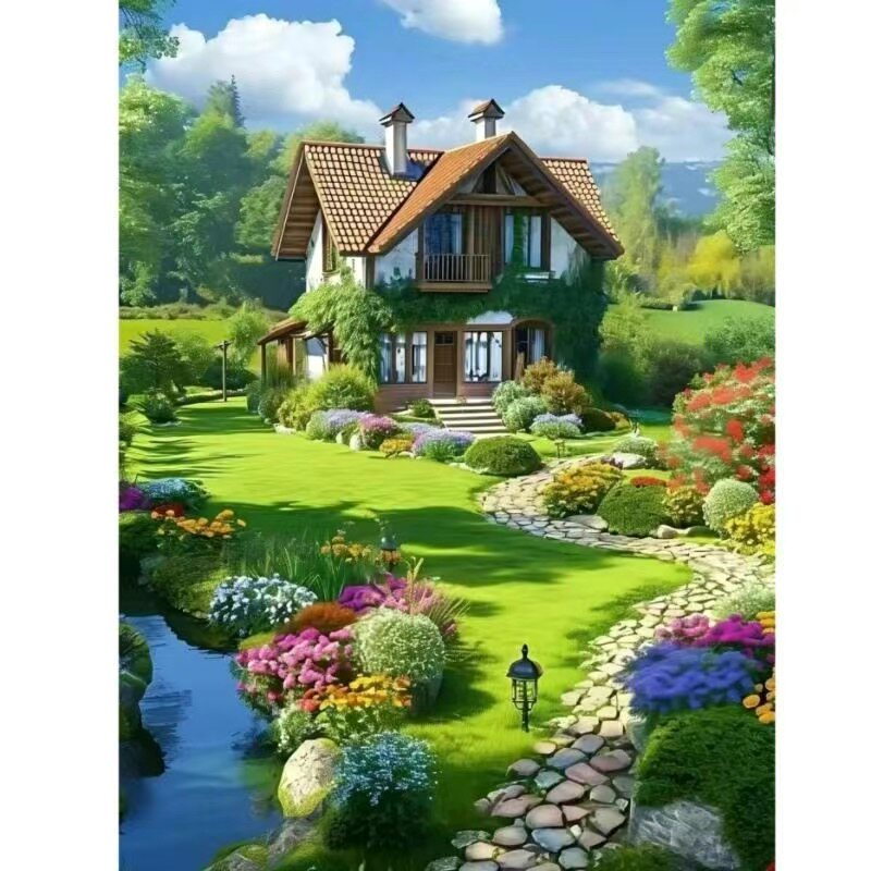 田园小屋风景自粘画治愈系客厅玄关卧室床头贴画防水贴纸装饰画