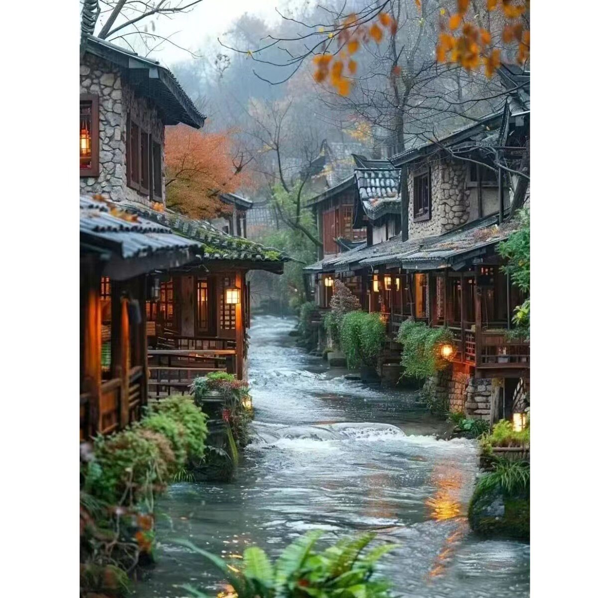 爆款烟雨江南风景图治愈系海报防水遮丑装饰自粘贴客厅卧室玄关处