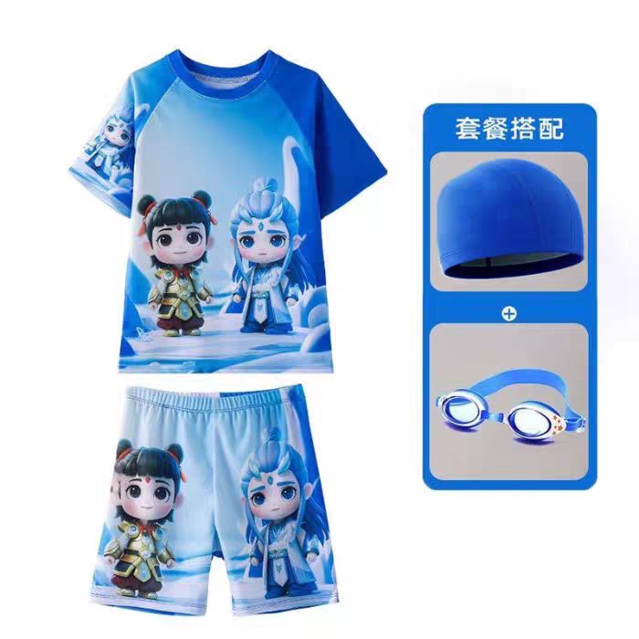 新款哪吒之魔童闹海卡通儿童泳衣帅气男童分体速干防晒泳装套装潮
