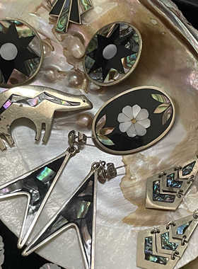 vintage墨西哥VTG羊驼银Alpaca Mexico贝母几何马赛克北美配饰