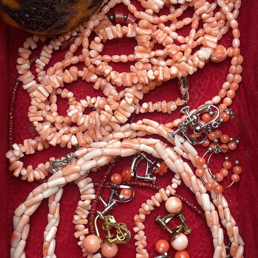 清仓vintage日本旅淘海洋粉嫩有机物串珠文玩纯银扣项链合金耳夹