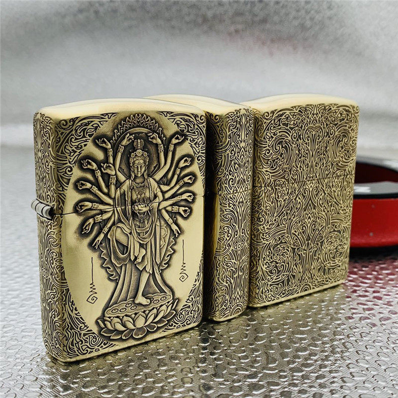 之宝zippo煤油防风打火机纯铜盔甲鬼王3d浮雕千手观音像男士送礼