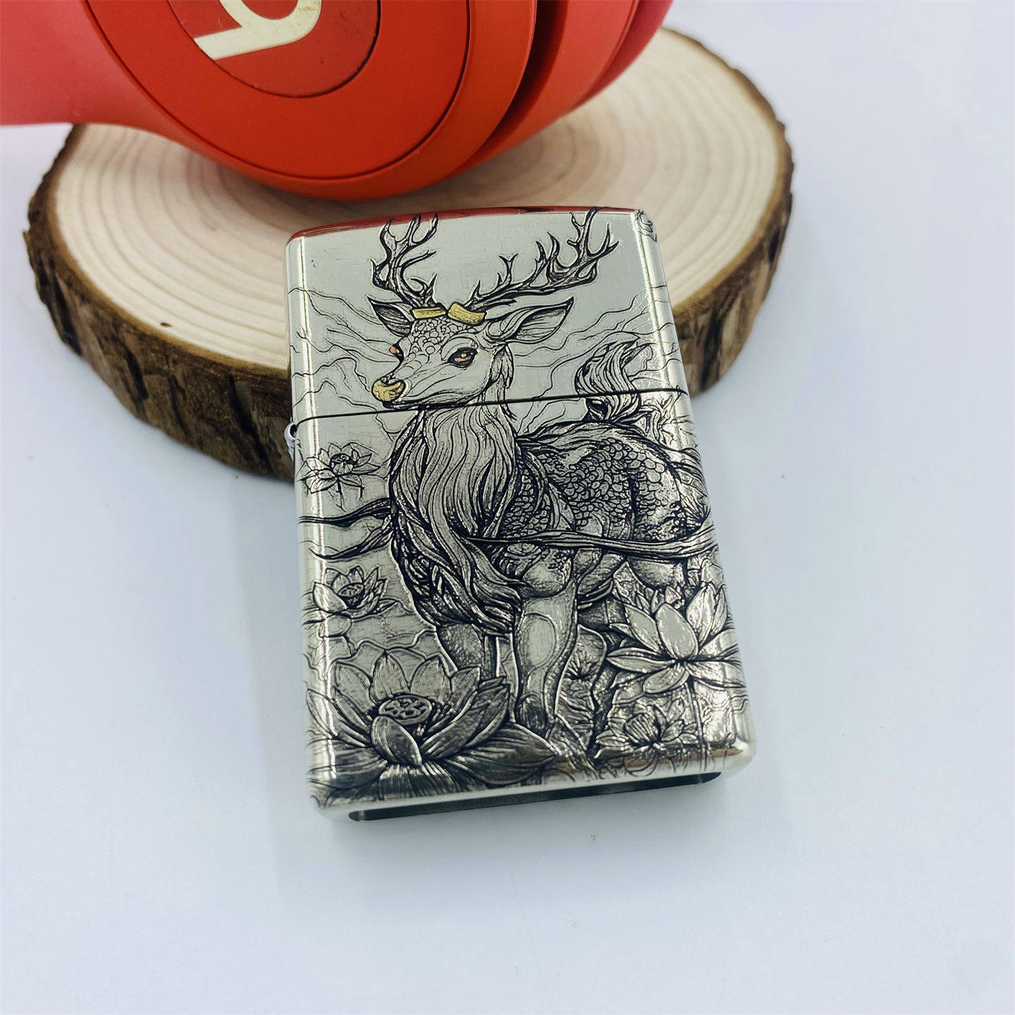 正品ZIPPO防风煤油打火机镍银重甲机雕刻镶嵌荷花仙鹿收藏送礼ZIP