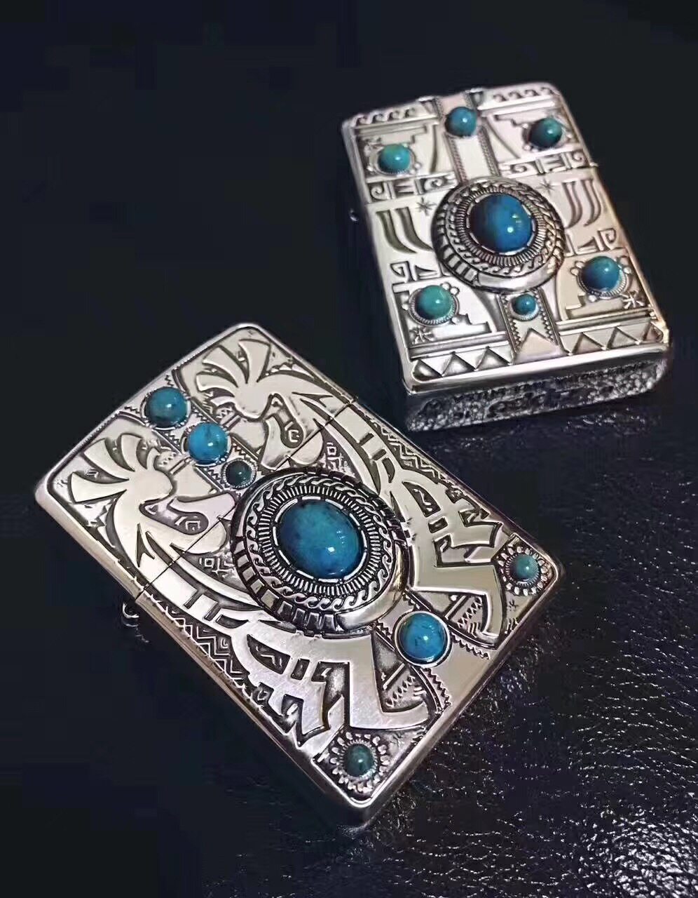 左左ZIPPO之宝美国进口原装打火机 日版镀银盔甲双面印第安绿松石