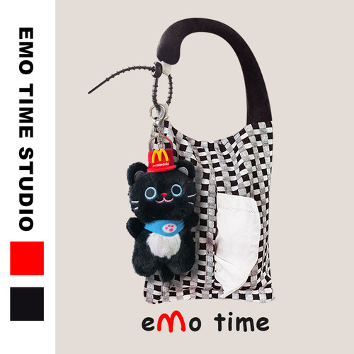 emo可爱M记小黑猫车载棋盘格纸抽盒丑萌毛绒抽纸盒车内收纳盒装饰