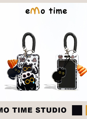 emo原创可爱叠叠小黑猫抽拉便携卡套地铁食堂门禁学生证件收纳套