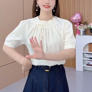 淑女风白色立领蝴蝶结衬衫女短袖时尚气质减龄上衣少女风褶皱休闲