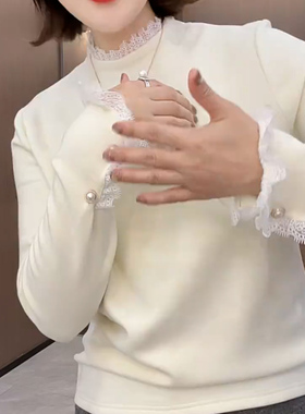 双面绒蕾丝花边拼接秋冬中低领打底衫修身显瘦上衣洋气减龄内搭女