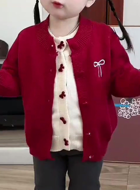 童装新年女童红色假两件时髦毛衣2025红色秋冬季新款洋气针织开衫
