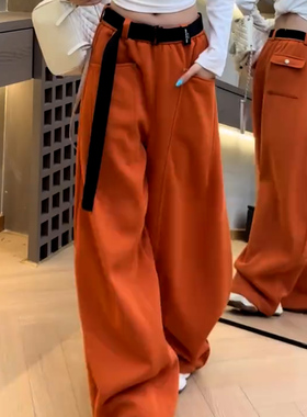 高腰弯刀休闲裤女宽松阔腿裤橙色腰带百搭长裤加厚保暖气质拖地裤