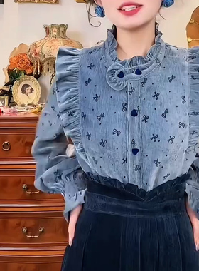 复古港风气质套装冬季新款洋气蝴蝶结印花衬衫高腰半身裙两件套女