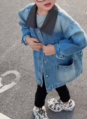 儿童秋季新款韩版宽松时髦领口拼接牛仔外套洋气时尚气质开衫上衣