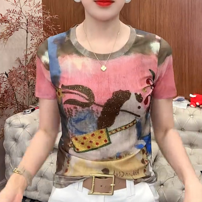 高街小马印花烫钻显瘦短袖T恤