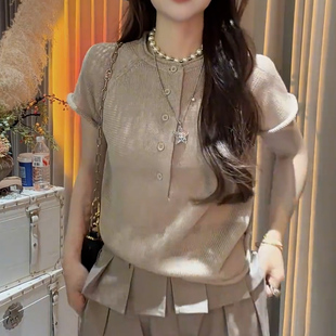 宽松显瘦休闲百搭上衣半开领套头小衫 女 简约纯色圆领针织短袖 时尚