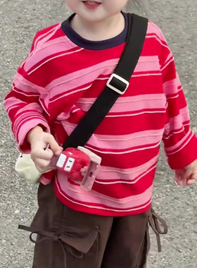 女童秋季新款儿童红色条纹长袖上衣韩版髦洋气百搭工装裤两件套潮