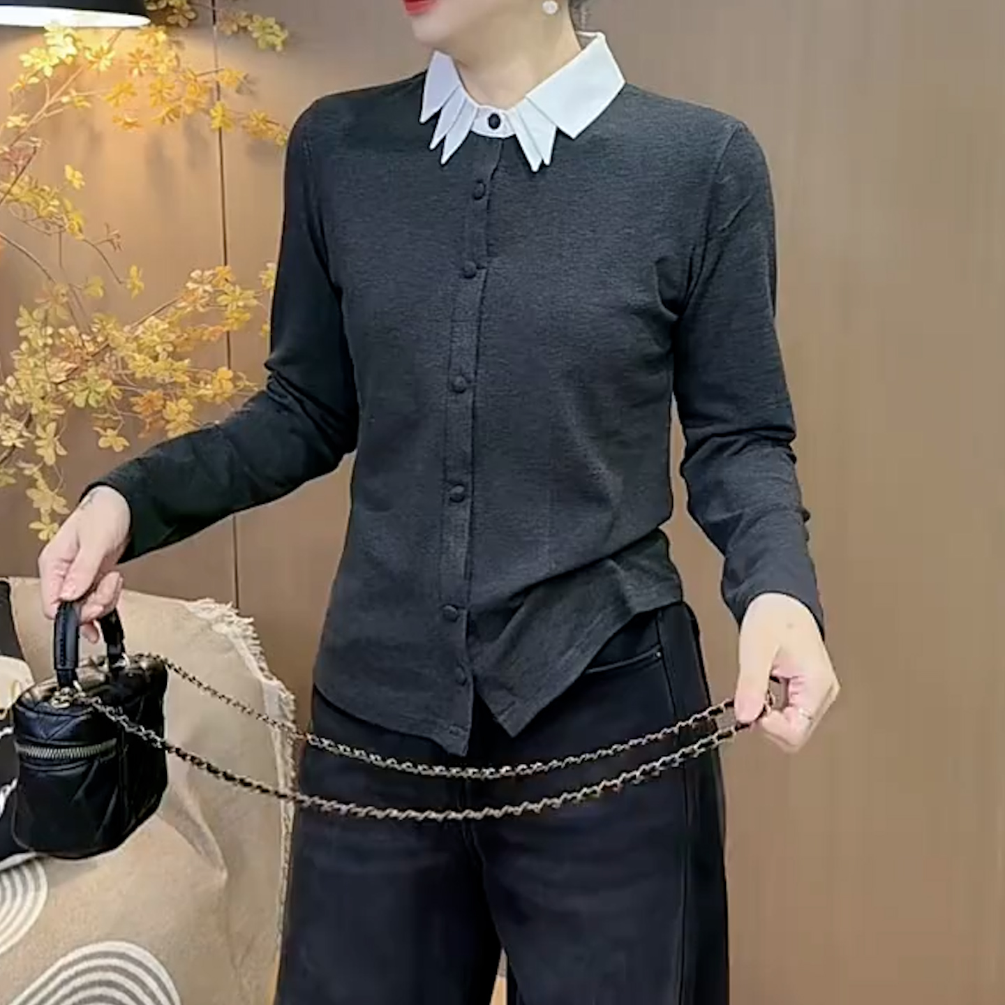 冬季新款磨毛衬衫领设计感T恤