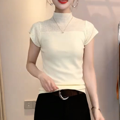 简约杏色网纱拼接短袖显瘦T恤