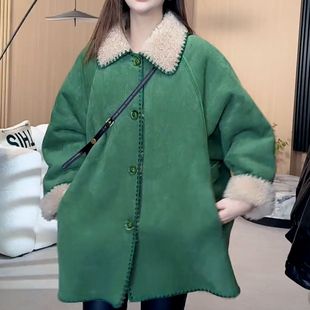 冬季方领宽松型中长款外套通勤绿色棉服中长款翻领纯色加绒上衣女