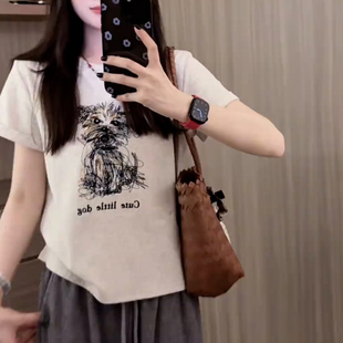 卡通风小狗印花短袖 女 T恤女夏宽松设计感百搭上衣简约设计感小衫