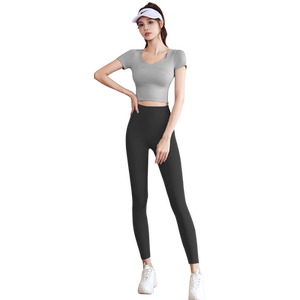 瑜伽服女上衣2025新款带胸垫专业晨跑步运动套装普拉提健身短袖秋