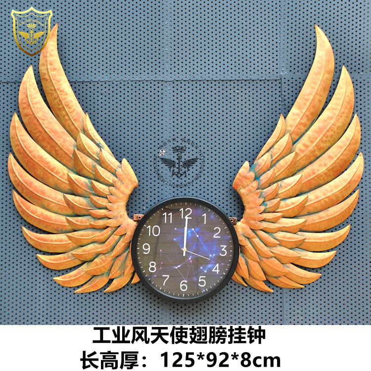 铜色 工业风天使翅膀挂钟墙面钟 酒吧 咖啡店 餐厅工业风装饰