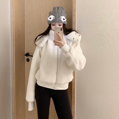 白色连帽毛绒外套女短款拉链开衫超凡舒适厚外套上衣