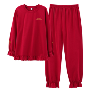 莱卡【高档面料】睡衣女长袖纯棉秋冬款新婚红色结婚家居服套装春