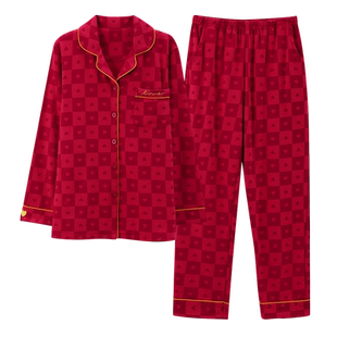 莱卡【高档面料】睡衣女秋冬季纯棉长袖结婚喜庆红色家居服春套装