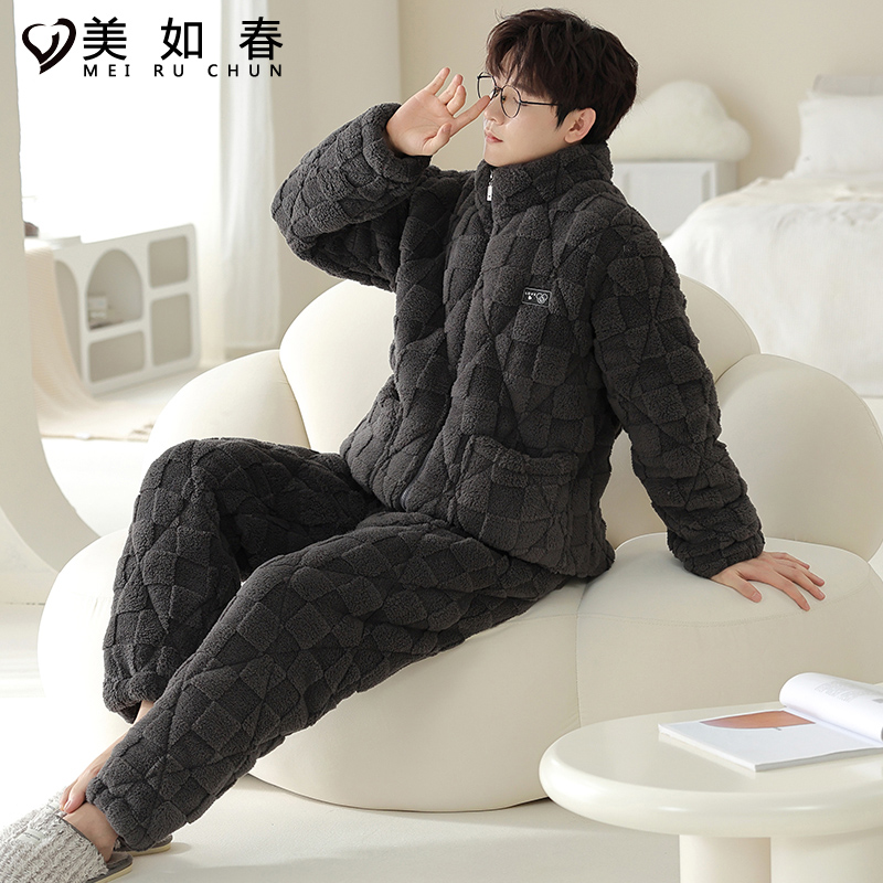 夹棉三层加厚冬季男士睡衣2025年