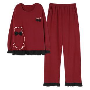 莱卡【高档面料】睡衣女秋冬季纯棉红色喜庆结婚家居服本命年套装